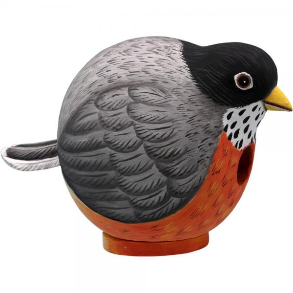 Bird-shaped birdhouse with gray, orange, and black colors on a white background